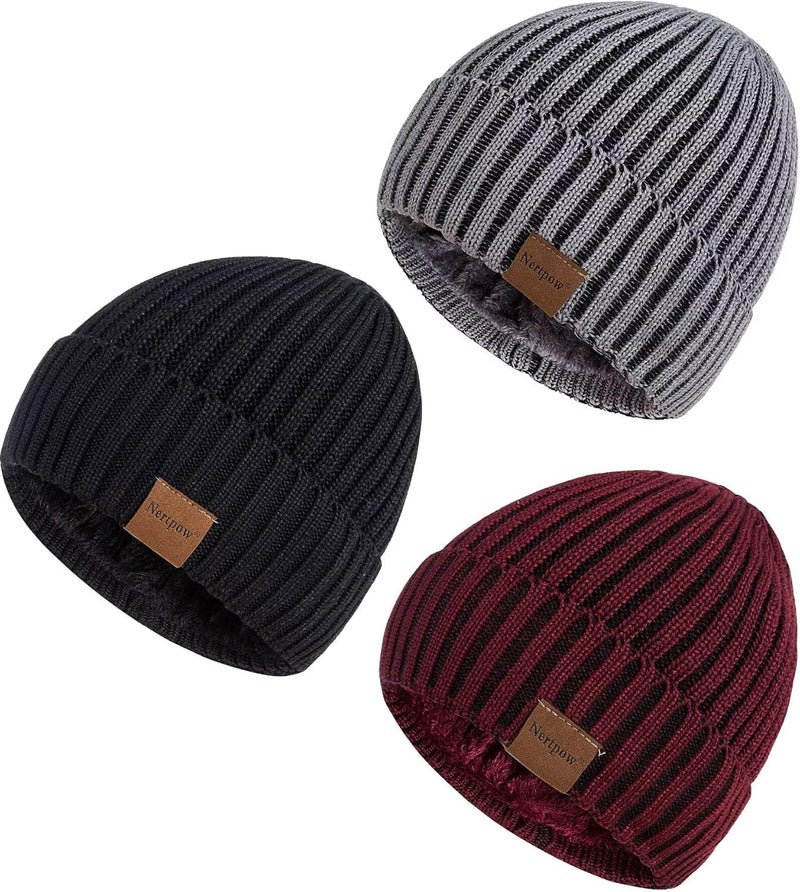 Nertpow Mens Beanie Hats 3 Pack, Winter Hats for Men Women Warm Thermal Fleece Lined, Thick Knit Fashion Skull Cap for Guys - Image 1